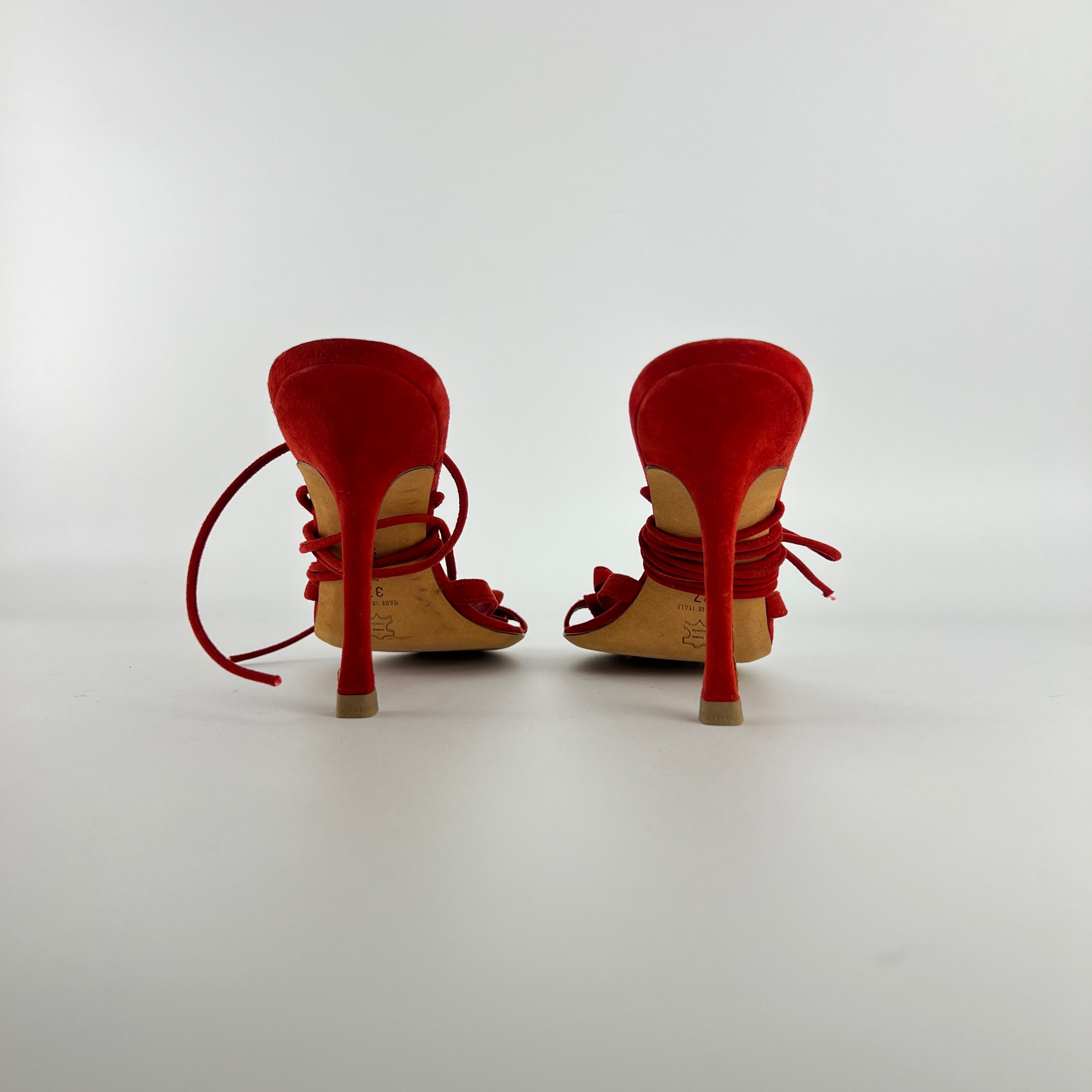 Manolo Blahnik | Cpolti Red Suede Leather Ribbon Bow Lace Up Sandals (37)