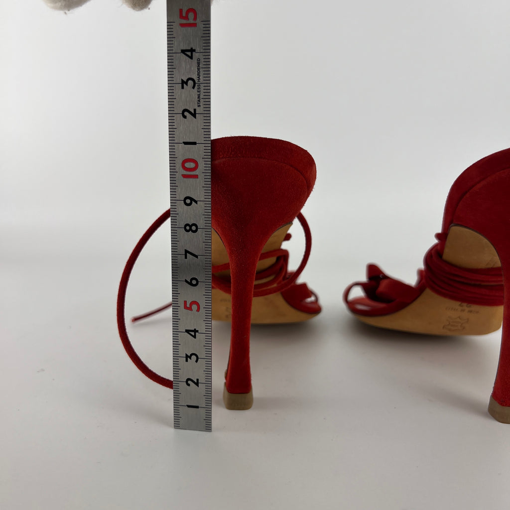 Manolo Blahnik | Cpolti Red Suede Leather Ribbon Bow Lace Up Sandals (37)