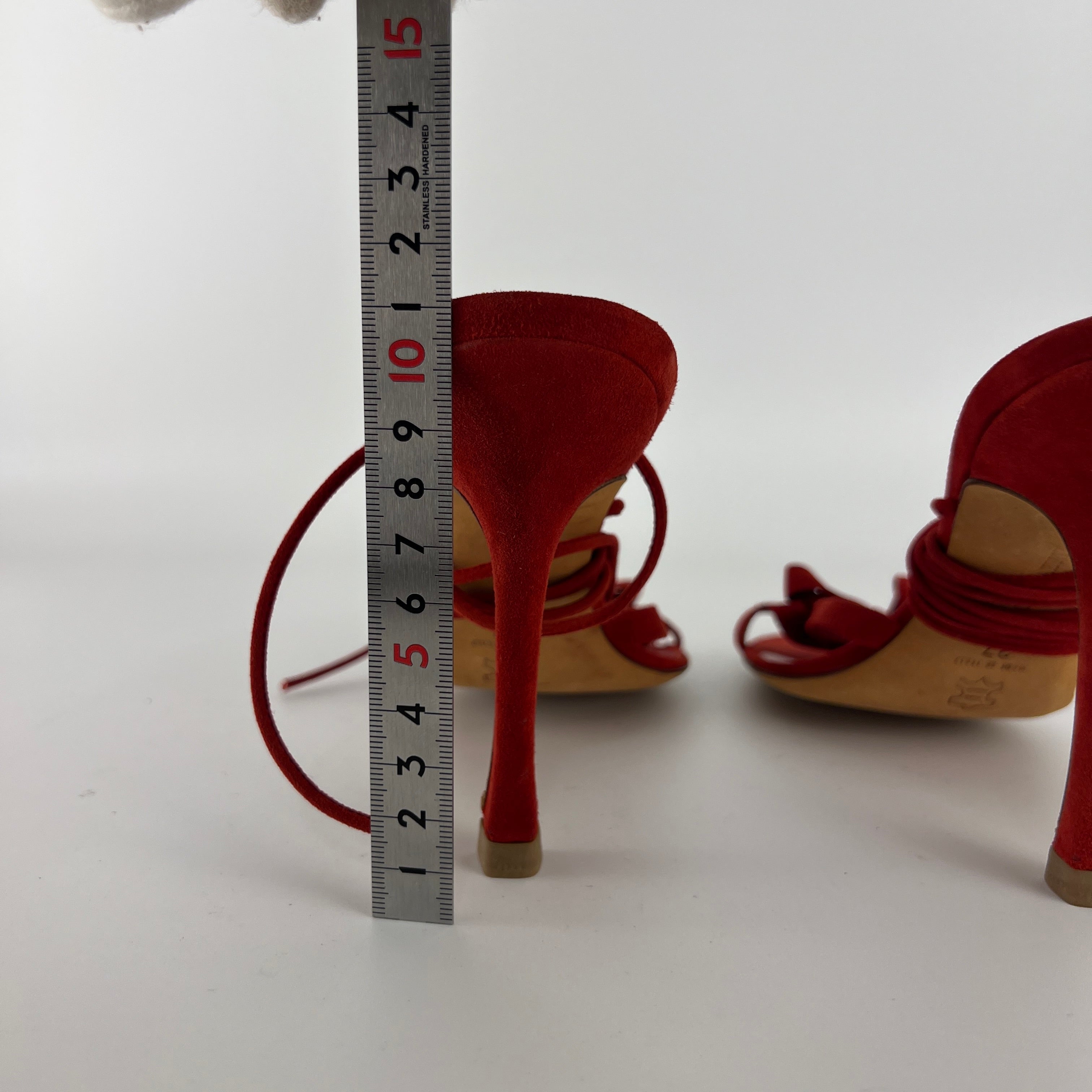 Manolo Blahnik | Cpolti Red Suede Leather Ribbon Bow Lace Up Sandals (37)