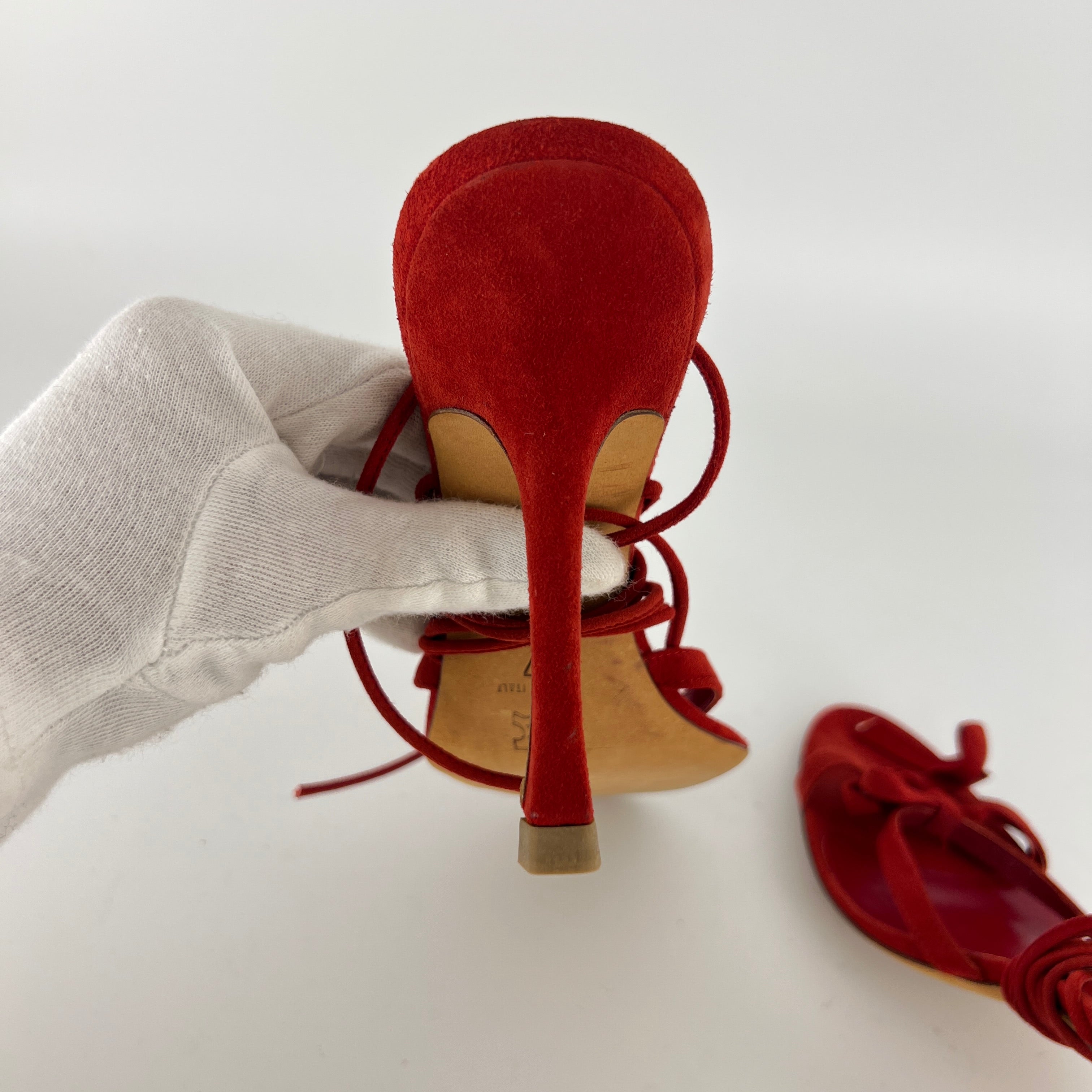 Manolo Blahnik | Cpolti Red Suede Leather Ribbon Bow Lace Up Sandals (37)