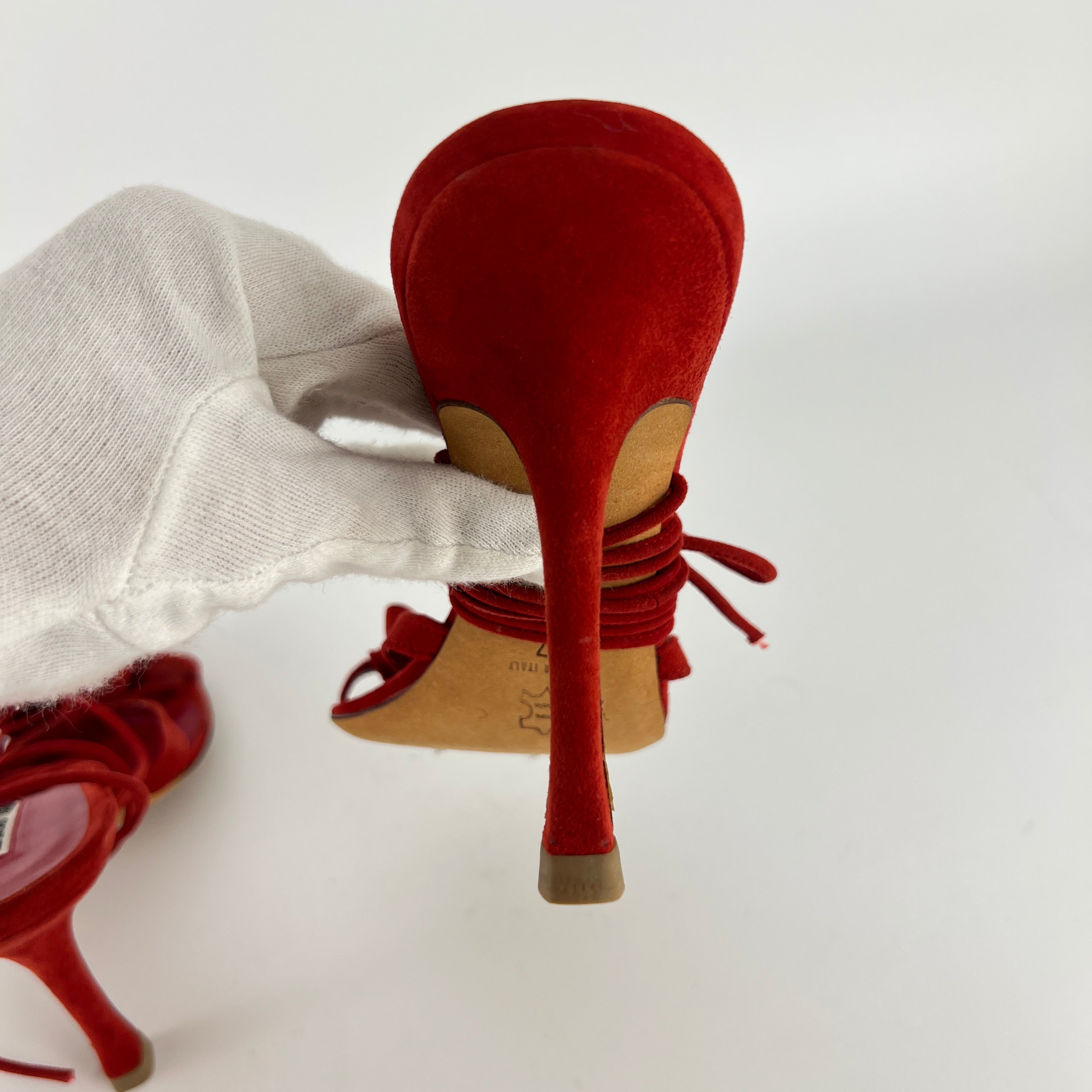 Manolo Blahnik | Cpolti Red Suede Leather Ribbon Bow Lace Up Sandals (37)