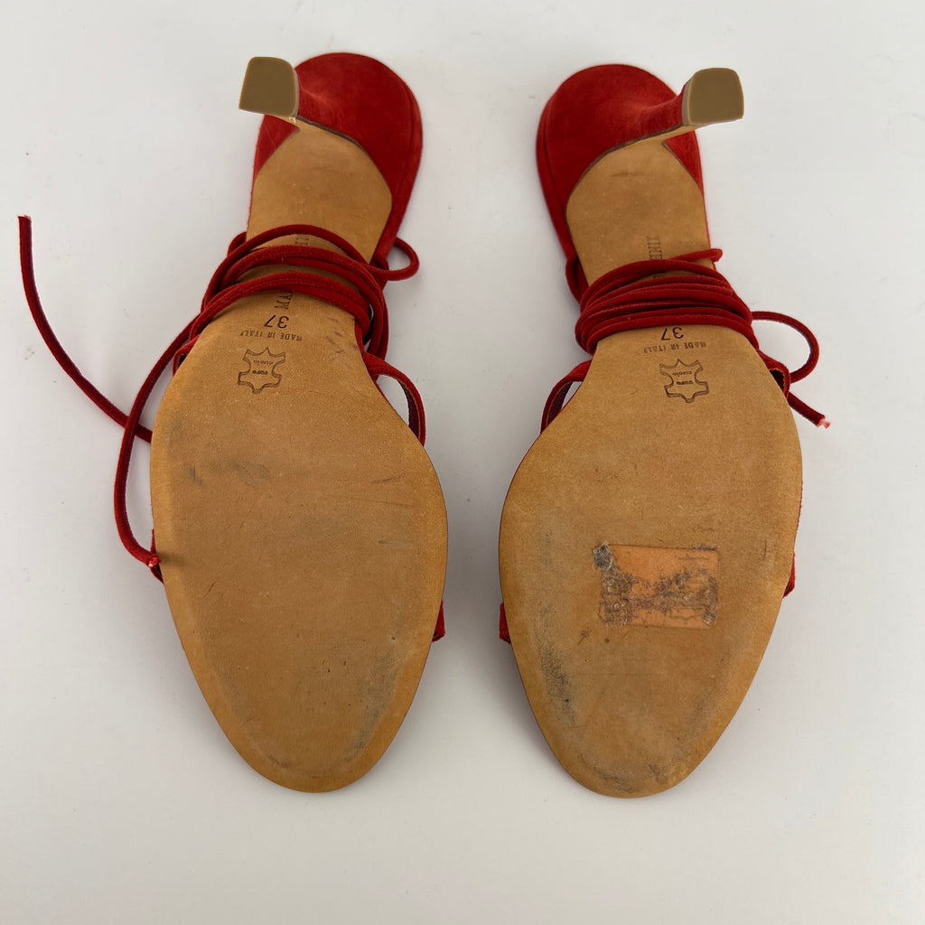 Manolo Blahnik | Cpolti Red Suede Leather Ribbon Bow Lace Up Sandals (37)