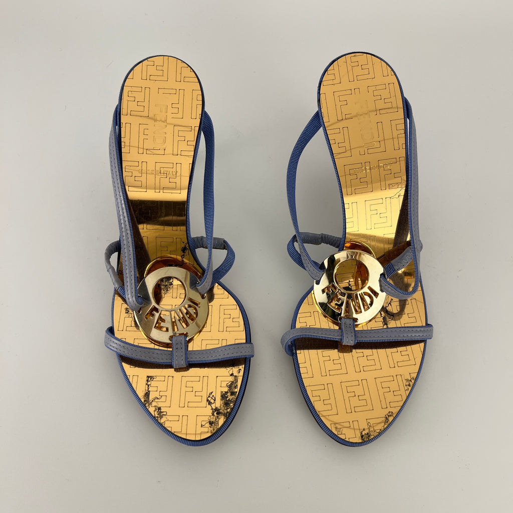 Fendi | Vintage Blue Strap Gold Logo Medallion Monogram Slide Sandal Mules (35.5)
