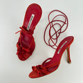Manolo Blahnik | Cpolti Red Suede Leather Ribbon Bow Lace Up Sandals (37)