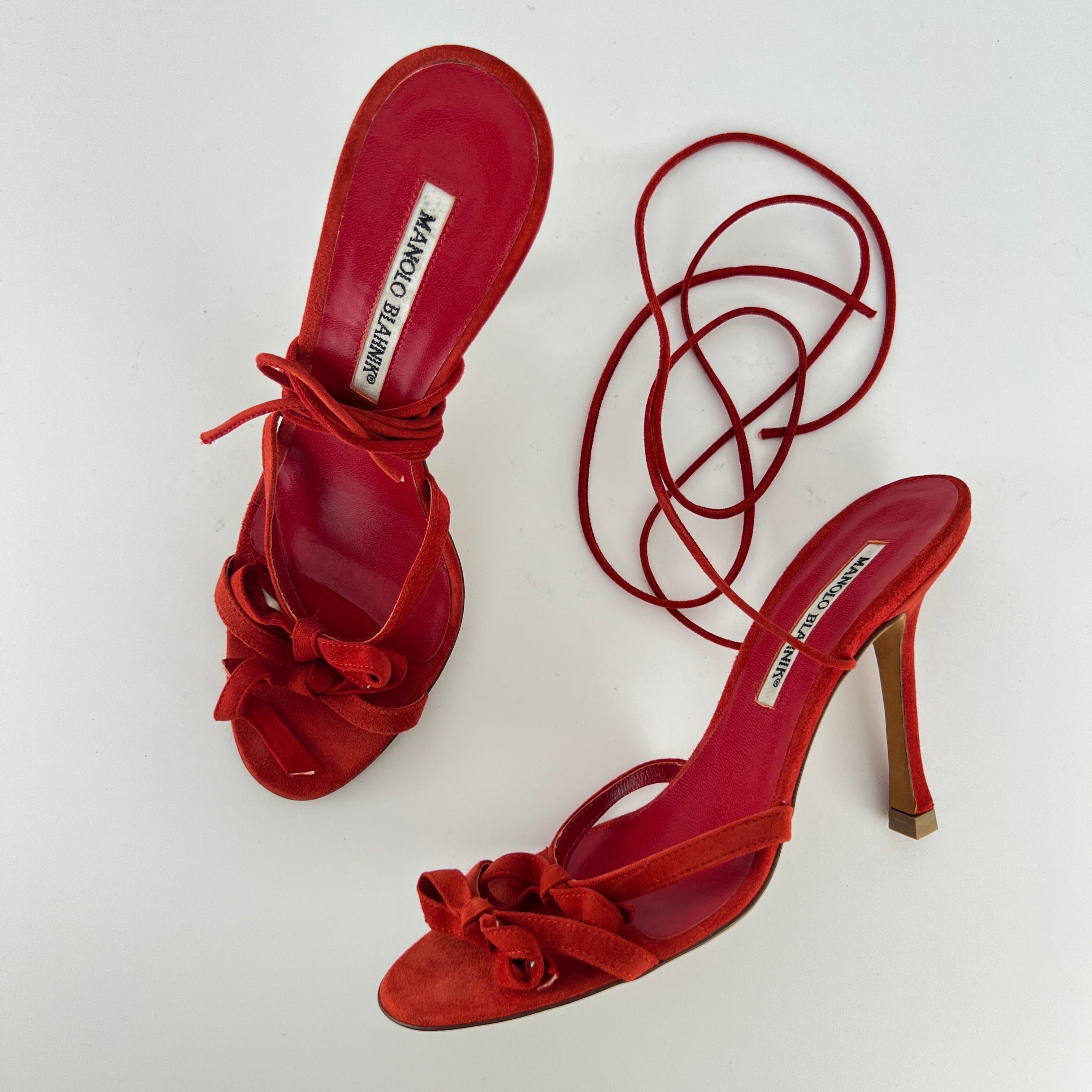 Manolo Blahnik | Cpolti Red Suede Leather Ribbon Bow Lace Up Sandals (37)