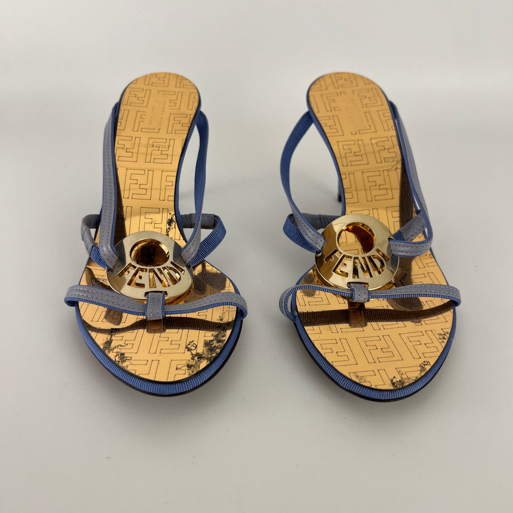 Fendi | Vintage Blue Strap Gold Logo Medallion Monogram Slide Sandal Mules (35.5)