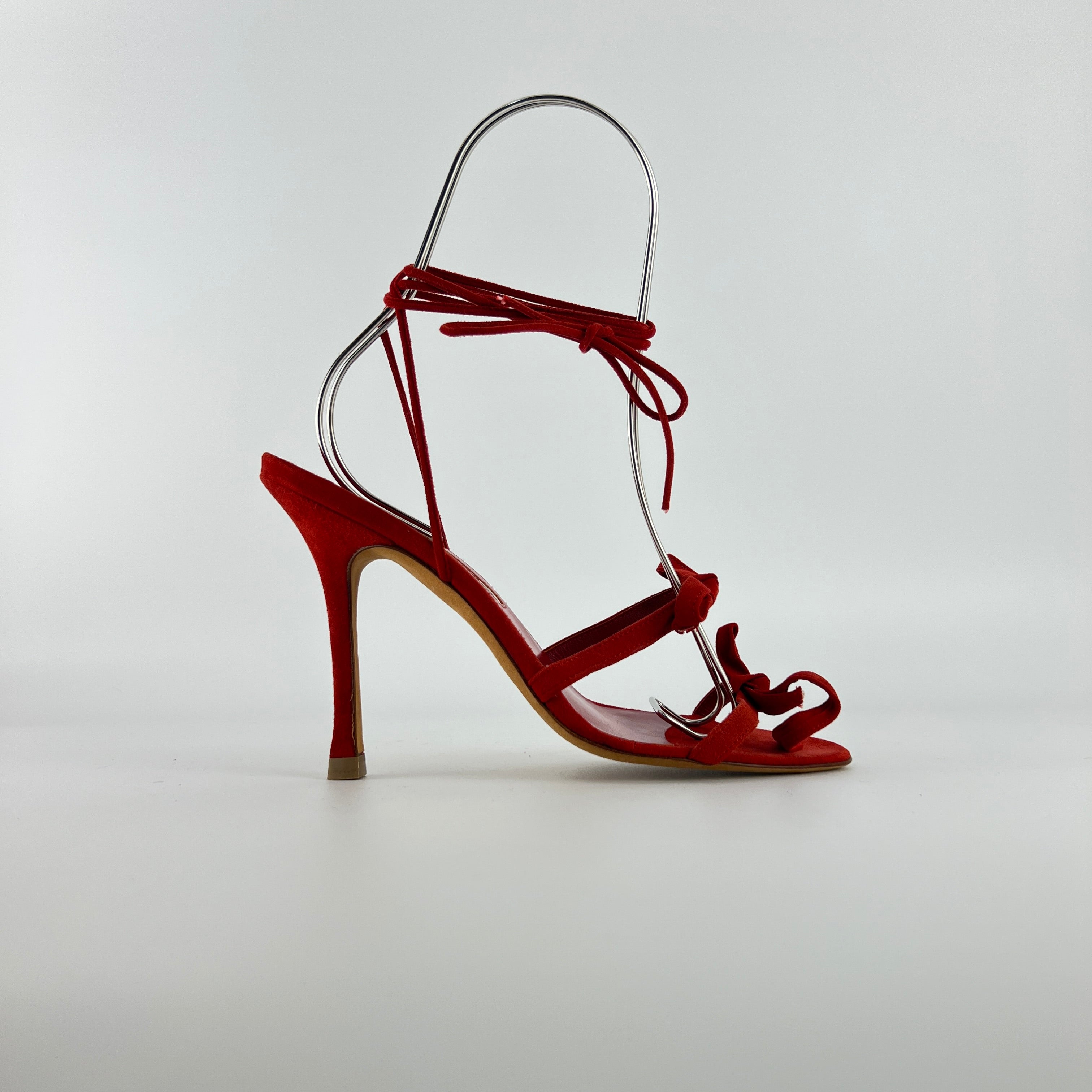 Manolo Blahnik | Cpolti Red Suede Leather Ribbon Bow Lace Up Sandals (37)