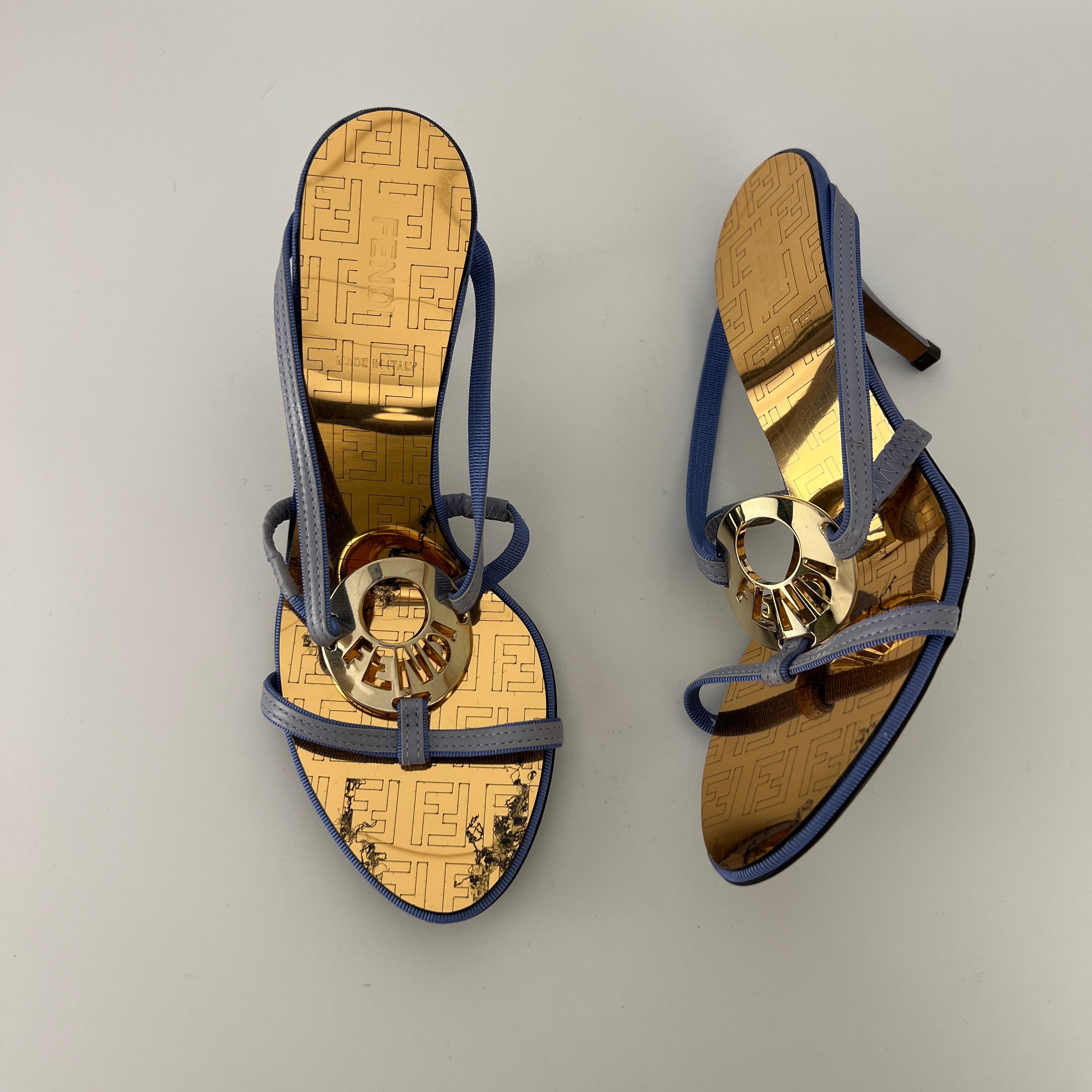 Fendi | Vintage Blue Strap Gold Logo Medallion Monogram Slide Sandal Mules (35.5)