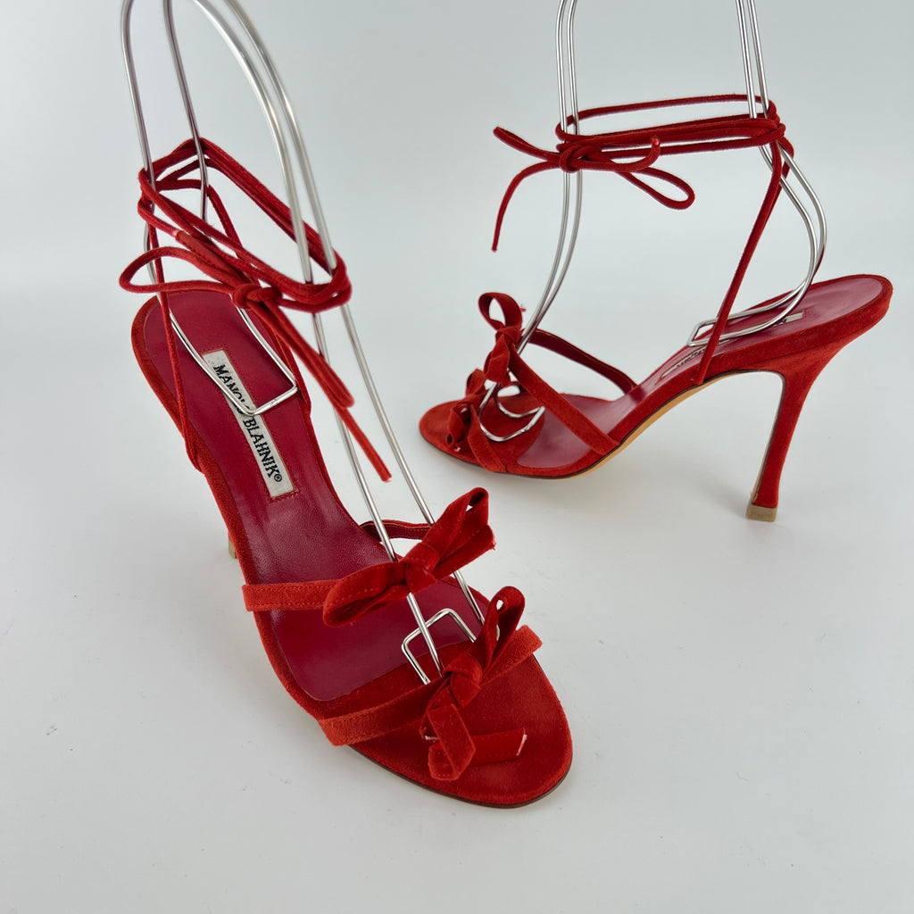 Manolo Blahnik | Cpolti Red Suede Leather Ribbon Bow Lace Up Sandals (37)