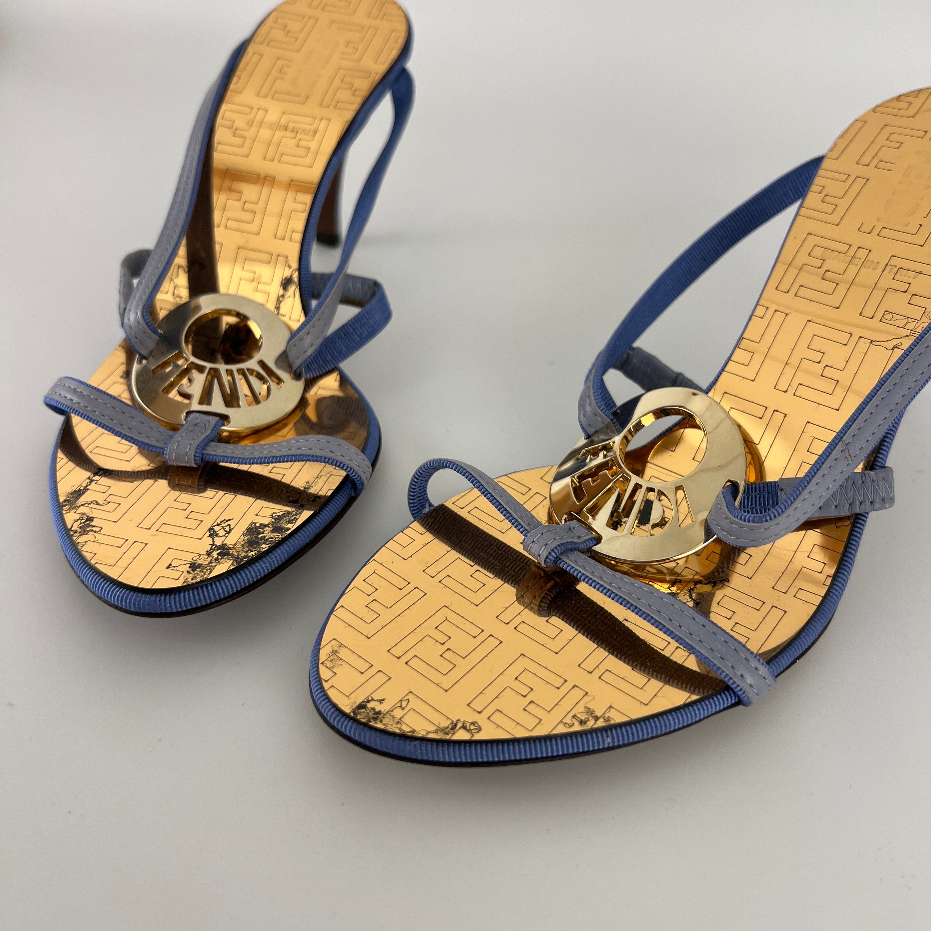 Fendi | Vintage Blue Strap Gold Logo Medallion Monogram Slide Sandal Mules (35.5)