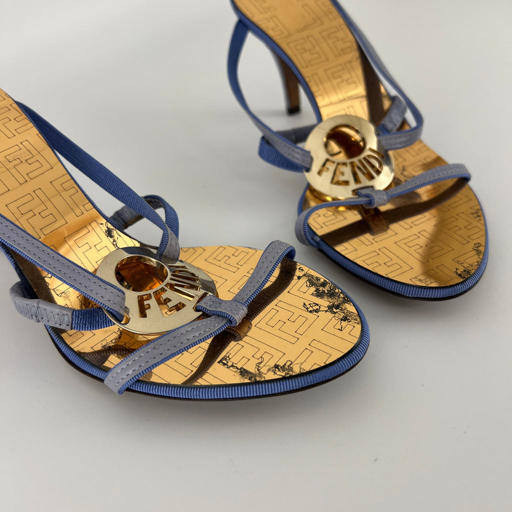 Fendi | Vintage Blue Strap Gold Logo Medallion Monogram Slide Sandal Mules (35.5)