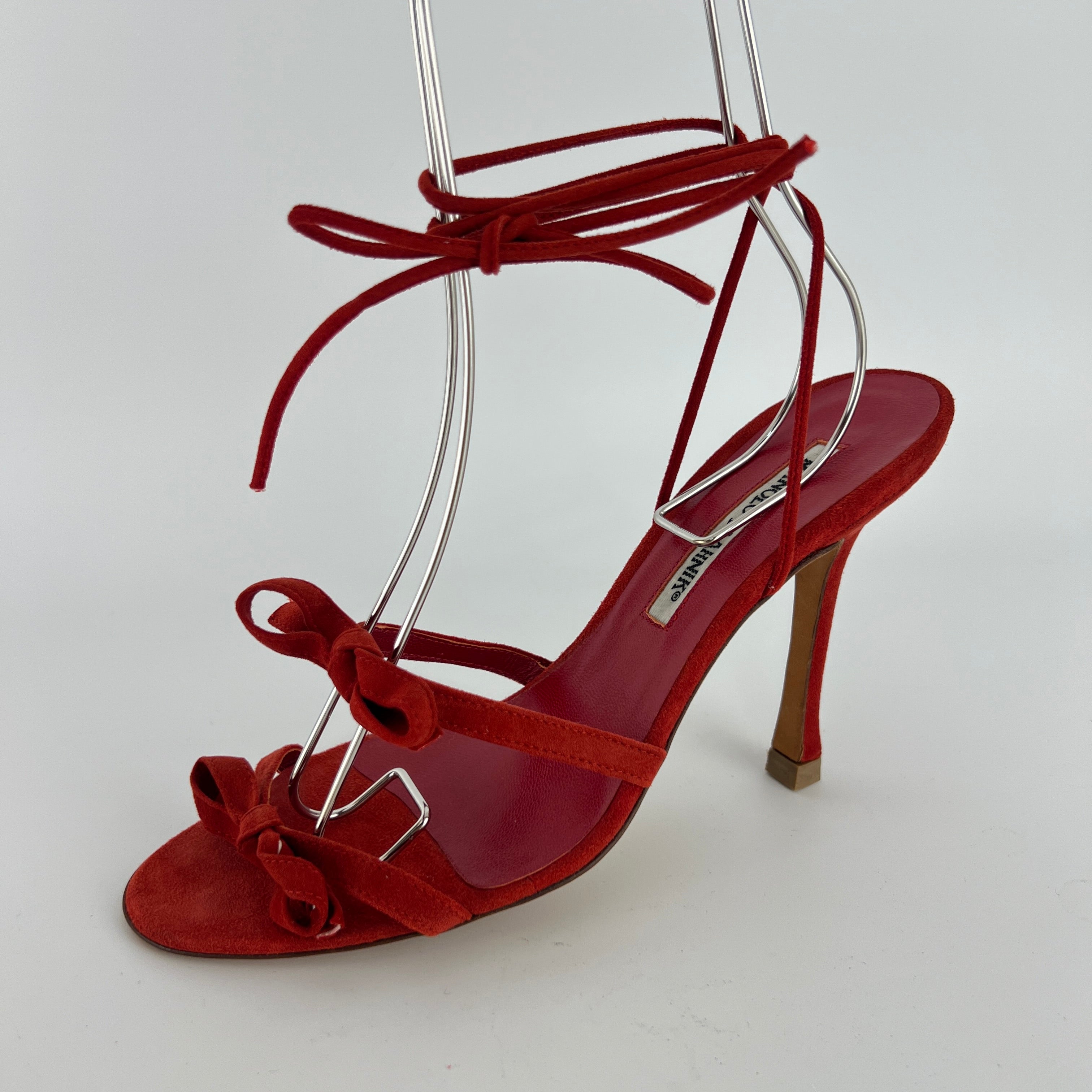 Manolo Blahnik | Cpolti Red Suede Leather Ribbon Bow Lace Up Sandals (37)