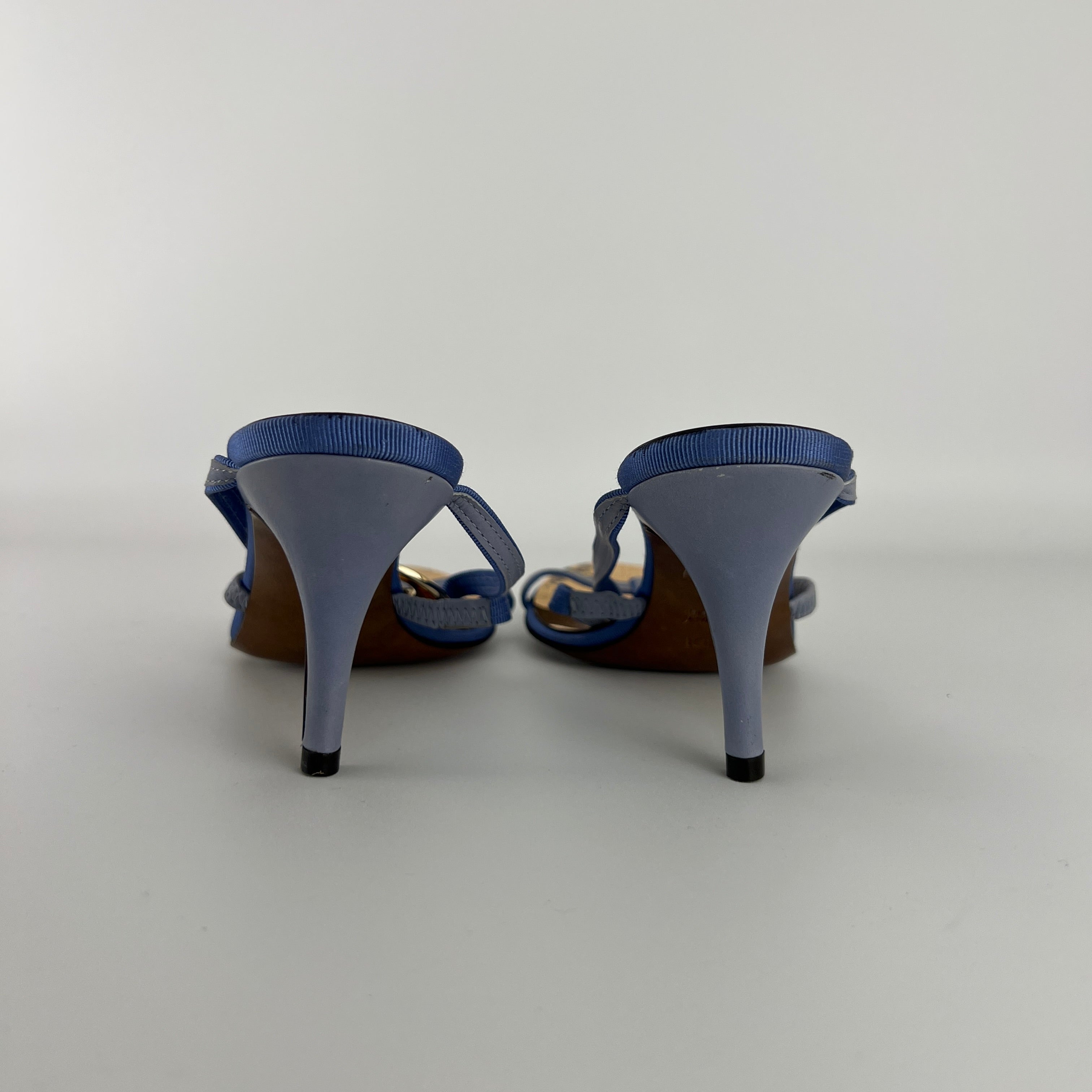 Fendi | Vintage Blue Strap Gold Logo Medallion Monogram Slide Sandal Mules (35.5)