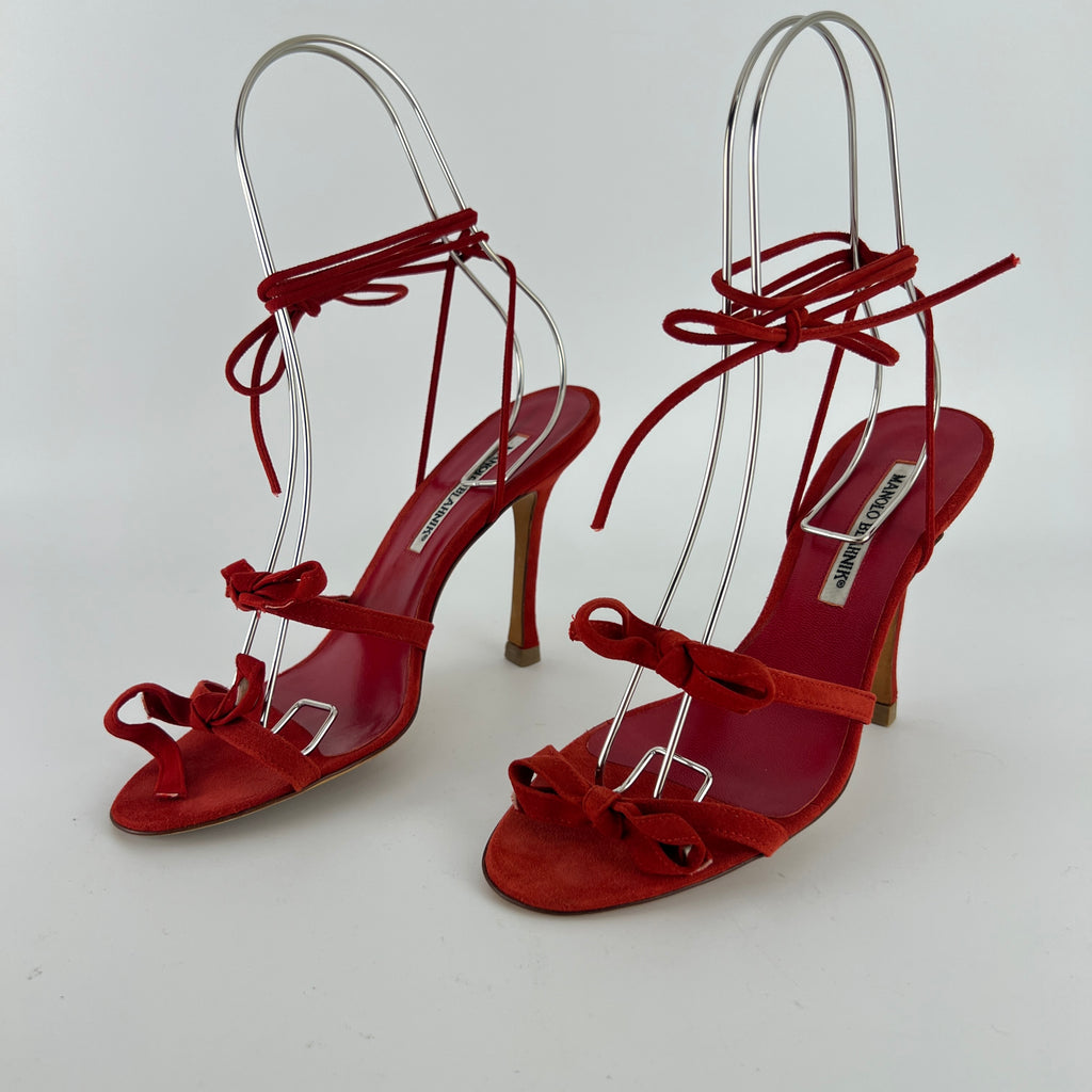 Manolo Blahnik | Cpolti Red Suede Leather Ribbon Bow Lace Up Sandals (37)