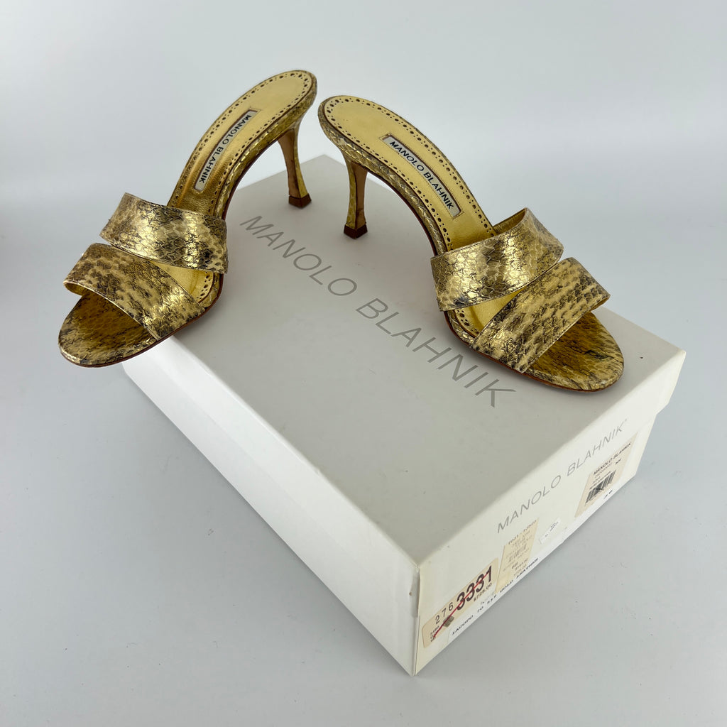 Manolo Blahnik | Iacopo 70 Gold Snake Embossed Leather Slide Mule (36)