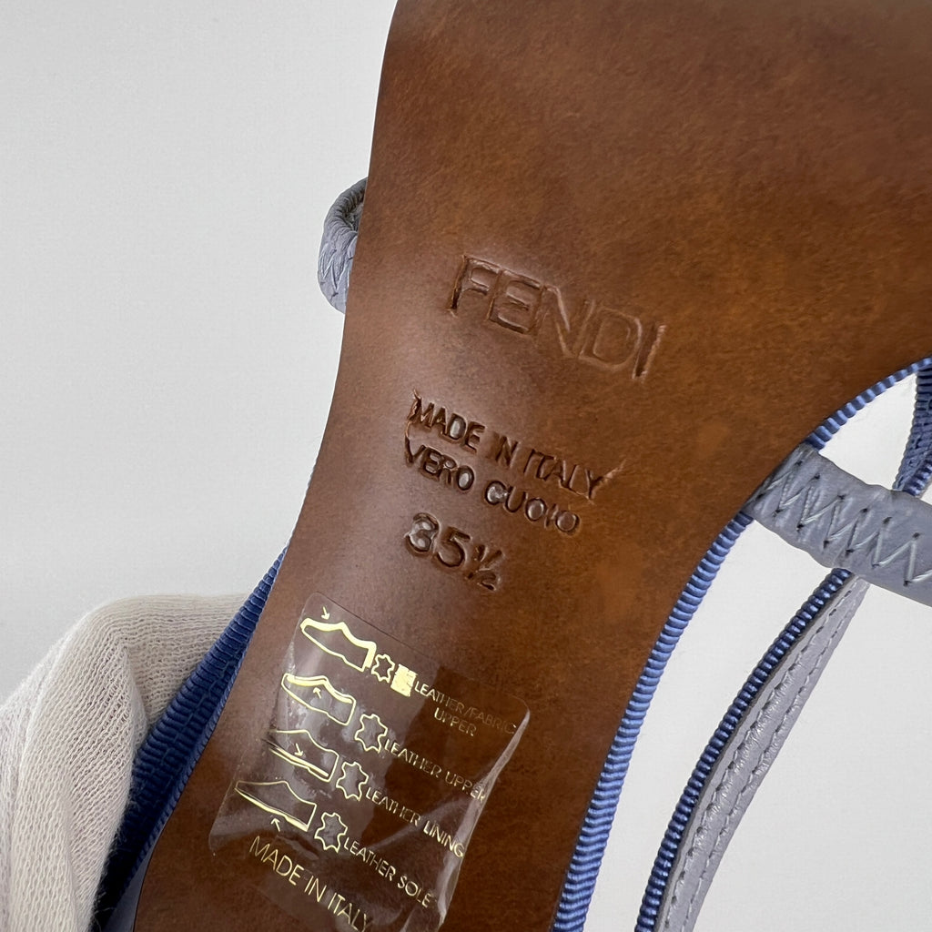 Fendi | Vintage Blue Strap Gold Logo Medallion Monogram Slide Sandal Mules (35.5)