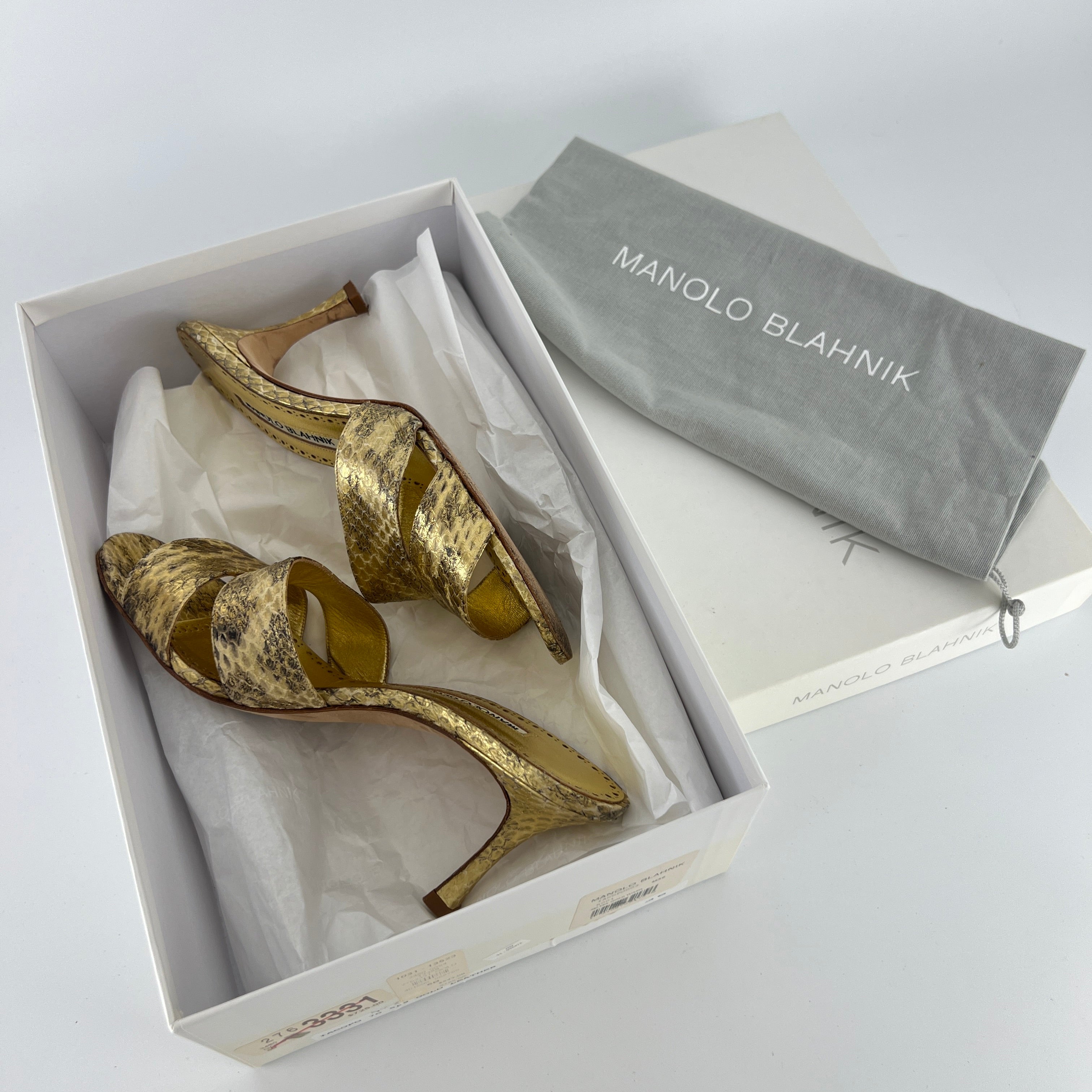 Manolo Blahnik | Iacopo 70 Gold Snake Embossed Leather Slide Mule (36)