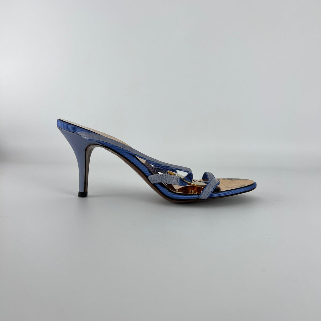 Fendi | Vintage Blue Strap Gold Logo Medallion Monogram Slide Sandal Mules (35.5)