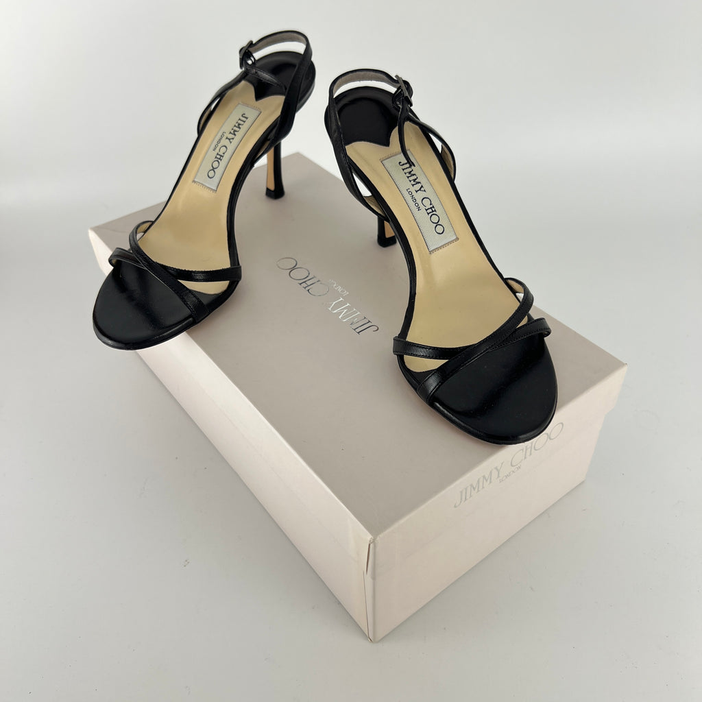 Jimmy Choo | Black Leather Strappy Slingback Sandal Heels (35.5)