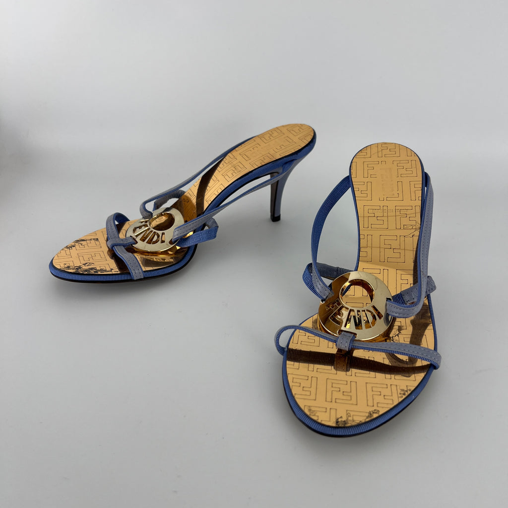 Fendi | Vintage Blue Strap Gold Logo Medallion Monogram Slide Sandal Mules (35.5)