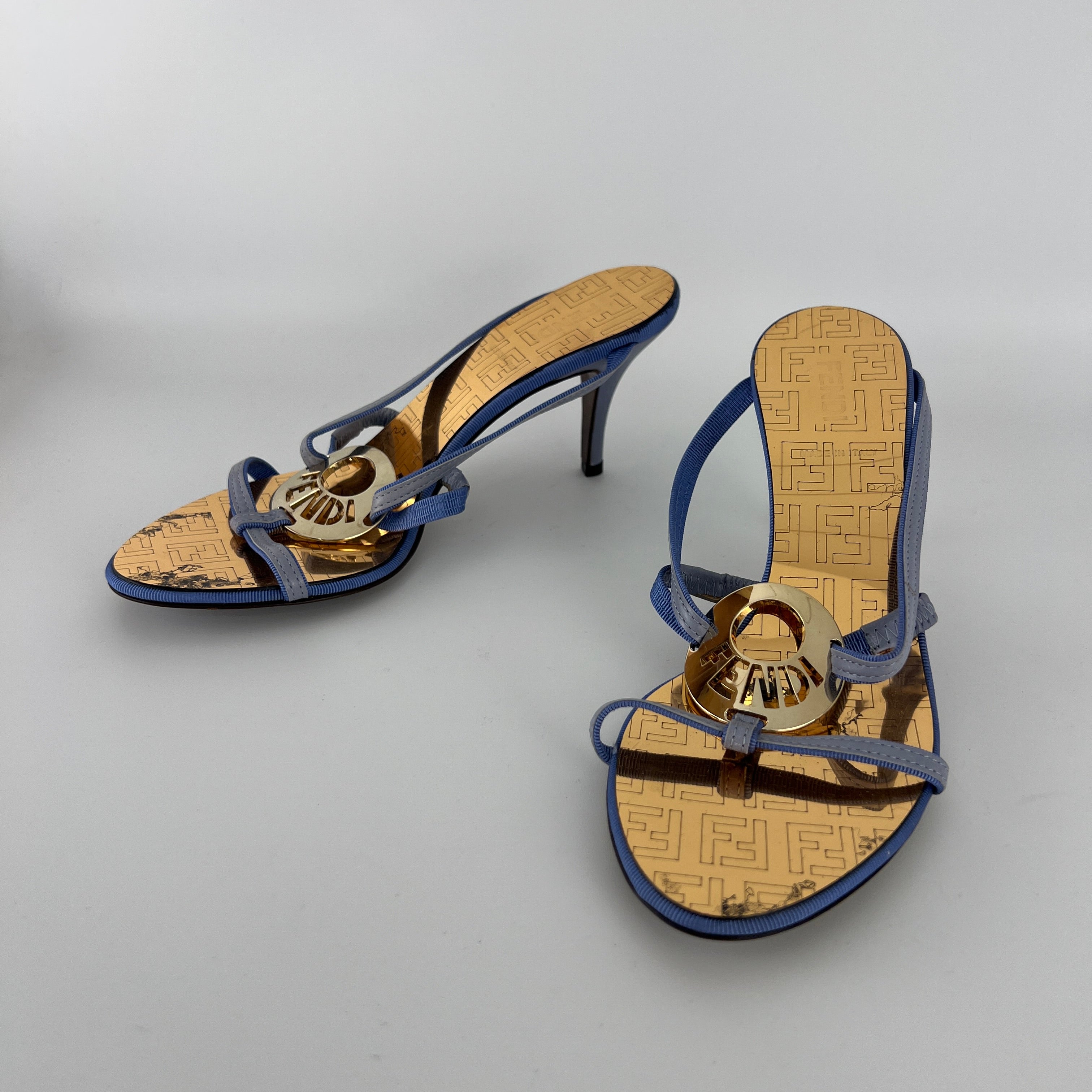 Fendi | Vintage Blue Strap Gold Logo Medallion Monogram Slide Sandal Mules (35.5)