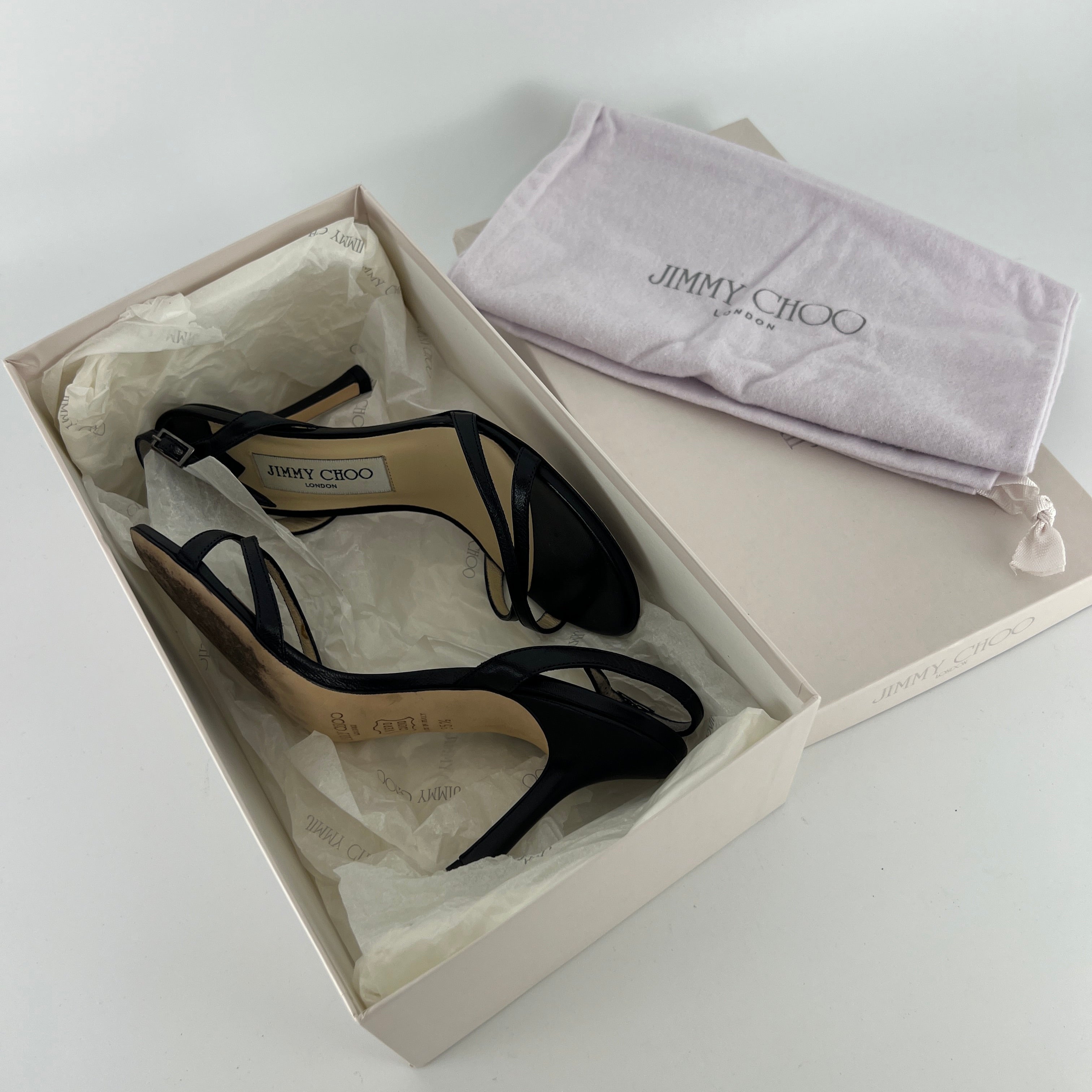 Jimmy Choo | Black Leather Strappy Slingback Sandal Heels (35.5)
