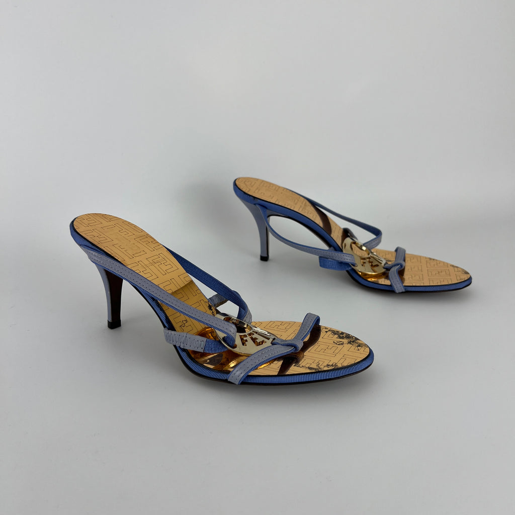 Fendi | Vintage Blue Strap Gold Logo Medallion Monogram Slide Sandal Mules (35.5)