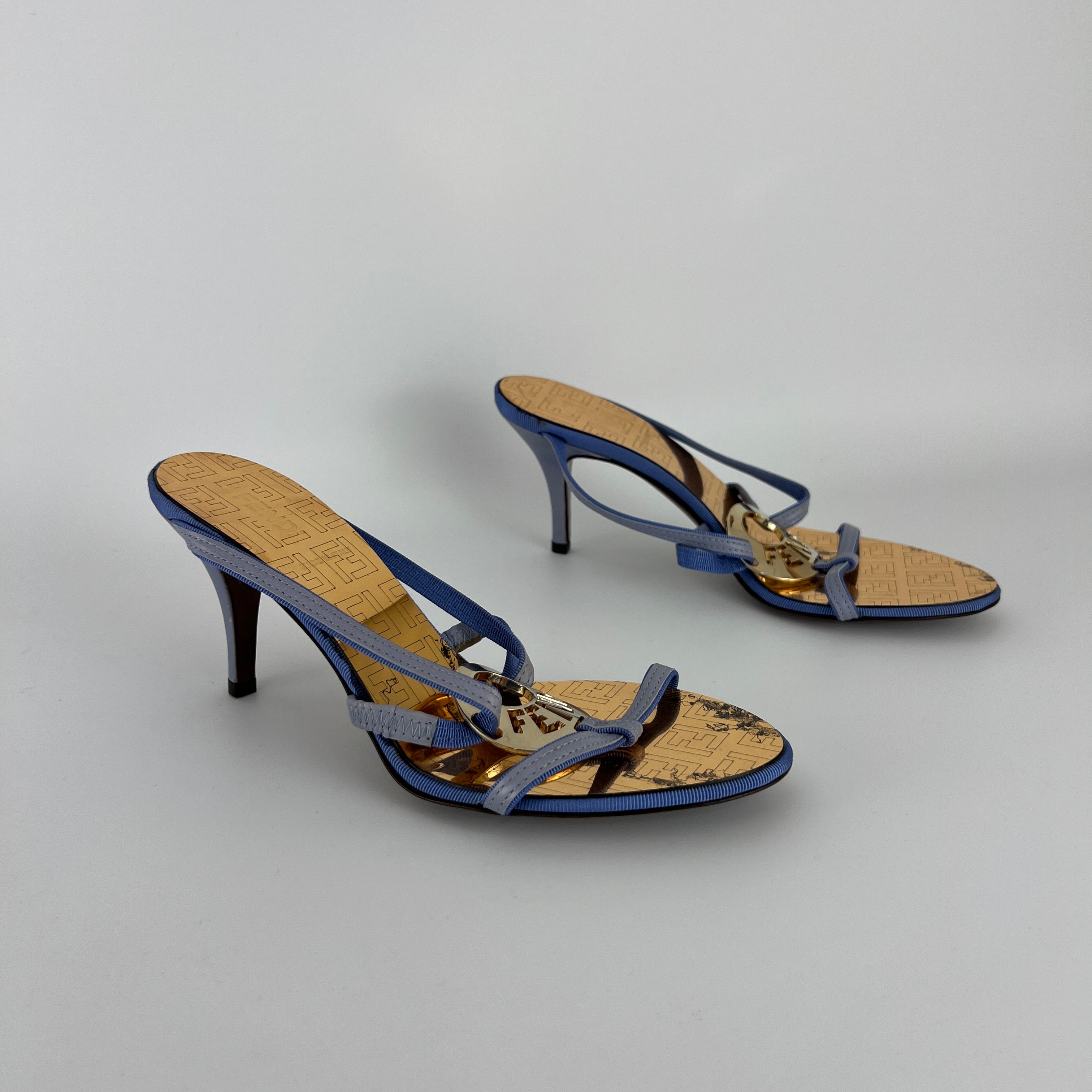 Fendi | Vintage Blue Strap Gold Logo Medallion Monogram Slide Sandal Mules (35.5)