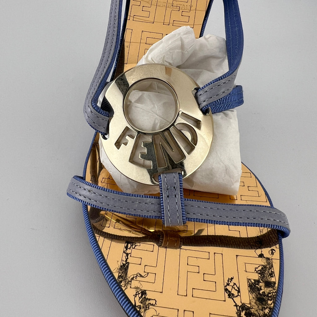 Fendi | Vintage Blue Strap Gold Logo Medallion Monogram Slide Sandal Mules (35.5)