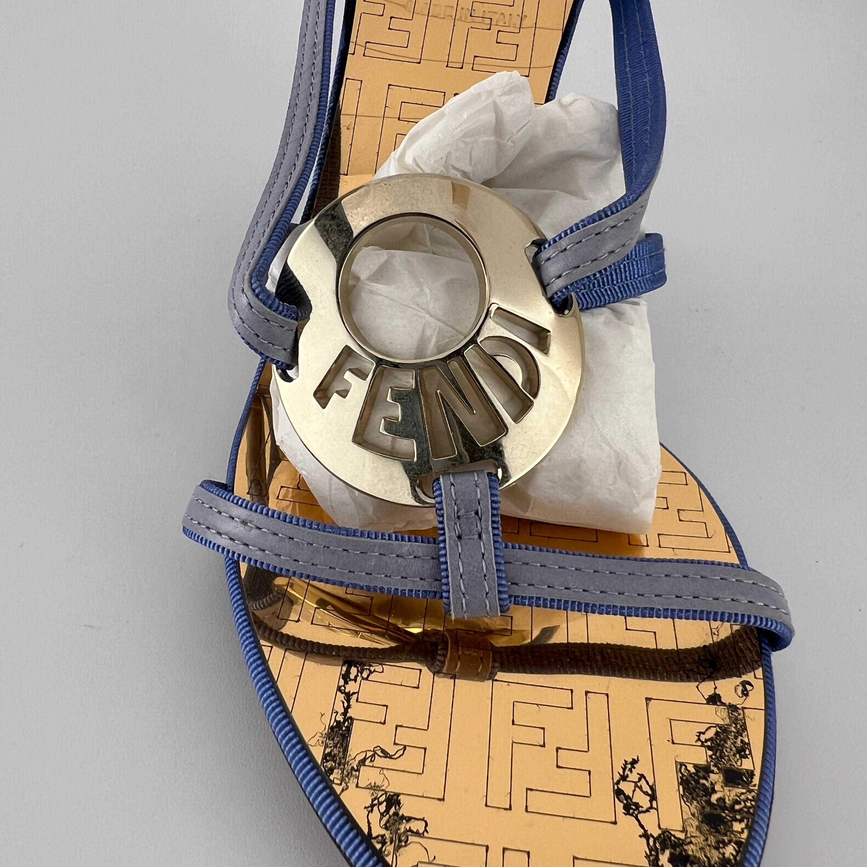Fendi | Vintage Blue Strap Gold Logo Medallion Monogram Slide Sandal Mules (35.5)
