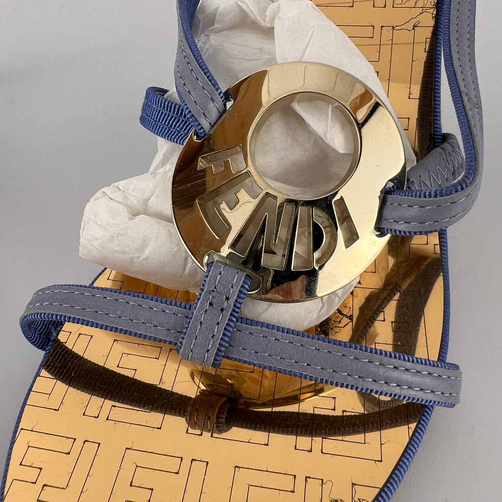 Fendi | Vintage Blue Strap Gold Logo Medallion Monogram Slide Sandal Mules (35.5)