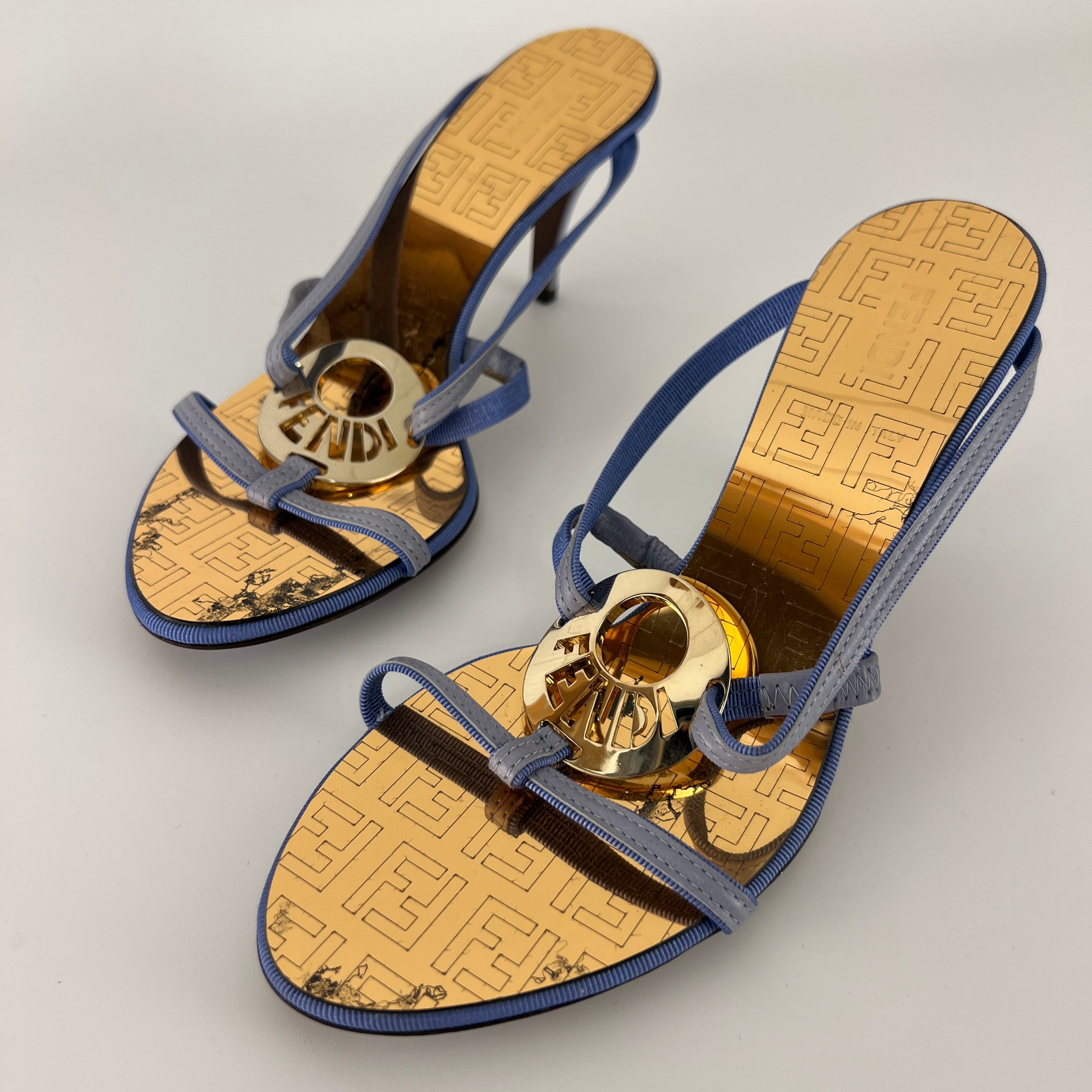 Fendi | Vintage Blue Strap Gold Logo Medallion Monogram Slide Sandal Mules (35.5)