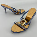 Fendi | Vintage Blue Strap Gold Logo Medallion Monogram Slide Sandal Mules (35.5)