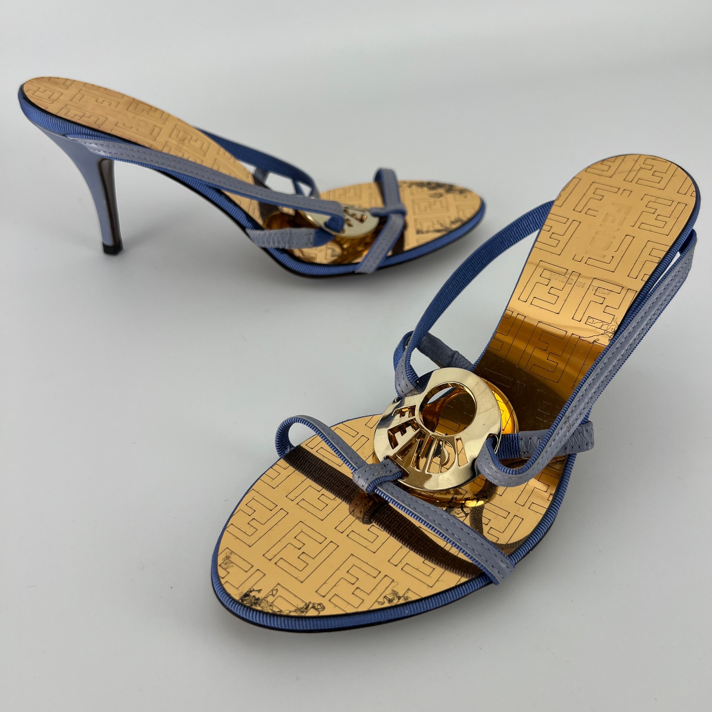 Fendi | Vintage Blue Strap Gold Logo Medallion Monogram Slide Sandal Mules (35.5)