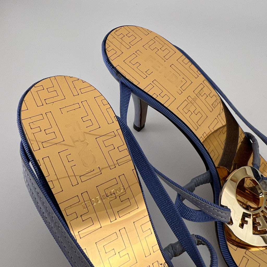 Fendi | Vintage Blue Strap Gold Logo Medallion Monogram Slide Sandal Mules (35.5)