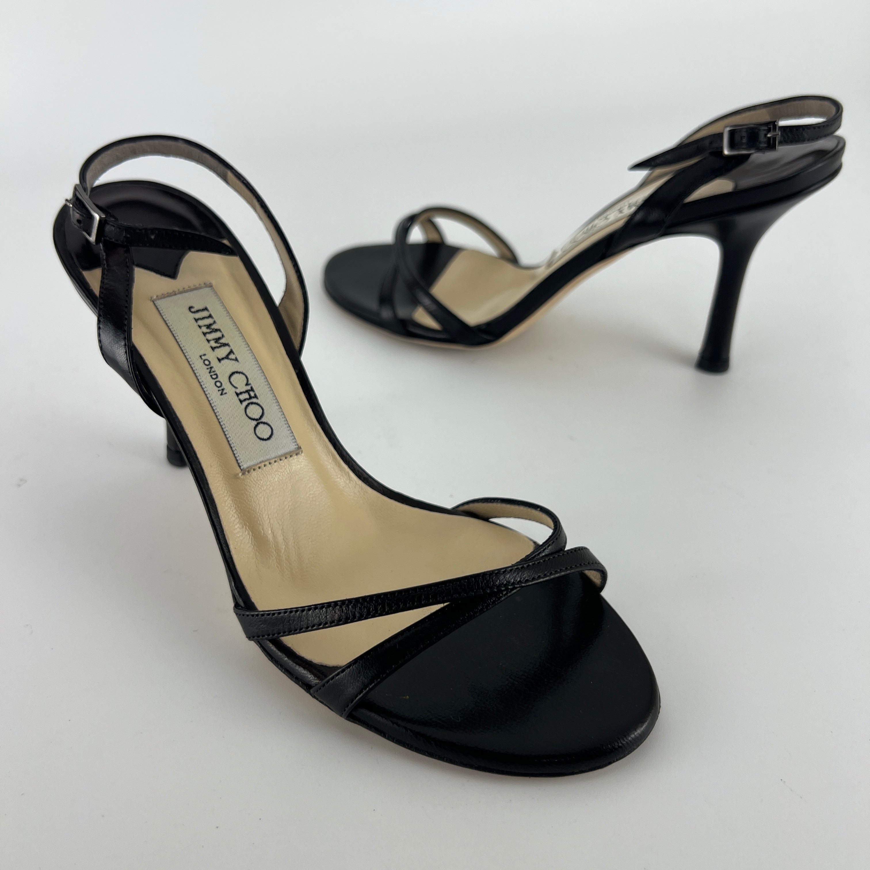 Jimmy Choo | Black Leather Strappy Slingback Sandal Heels (35.5)