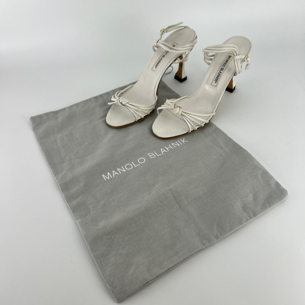 Manolo Blahnik | White Leather Strappy Knot Sandal Heels (36.5)