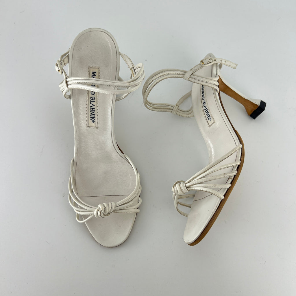 Manolo Blahnik | White Leather Strappy Knot Sandal Heels (36.5)