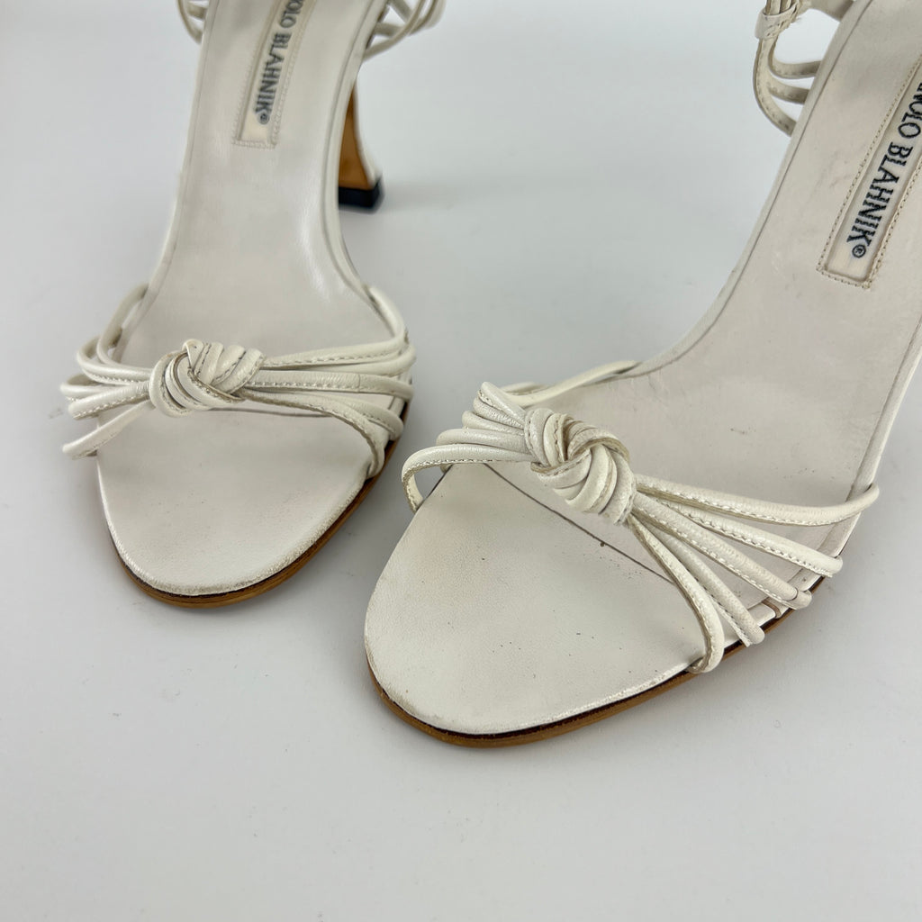 Manolo Blahnik | White Leather Strappy Knot Sandal Heels (36.5)