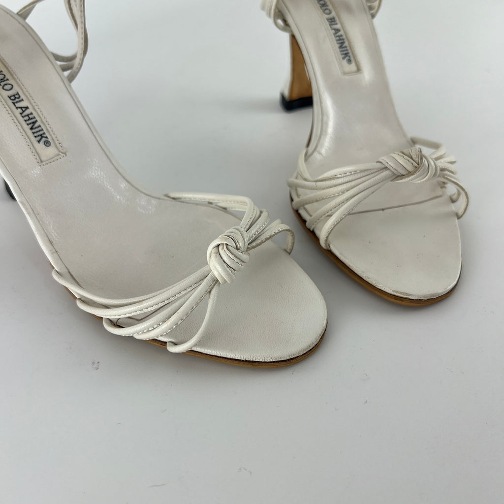 Manolo Blahnik | White Leather Strappy Knot Sandal Heels (36.5)