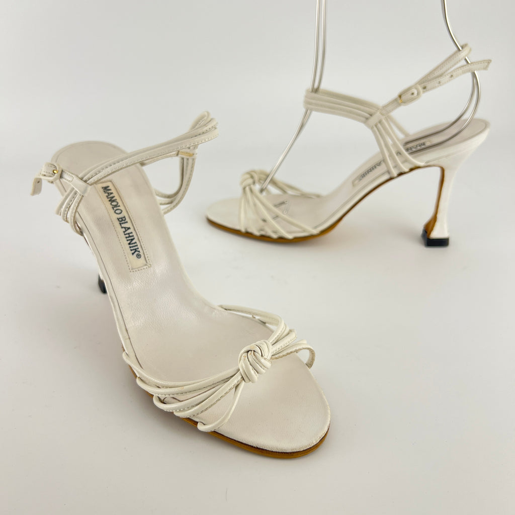 Manolo Blahnik | White Leather Strappy Knot Sandal Heels (36.5)
