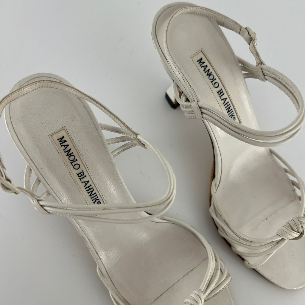 Manolo Blahnik | White Leather Strappy Knot Sandal Heels (36.5)