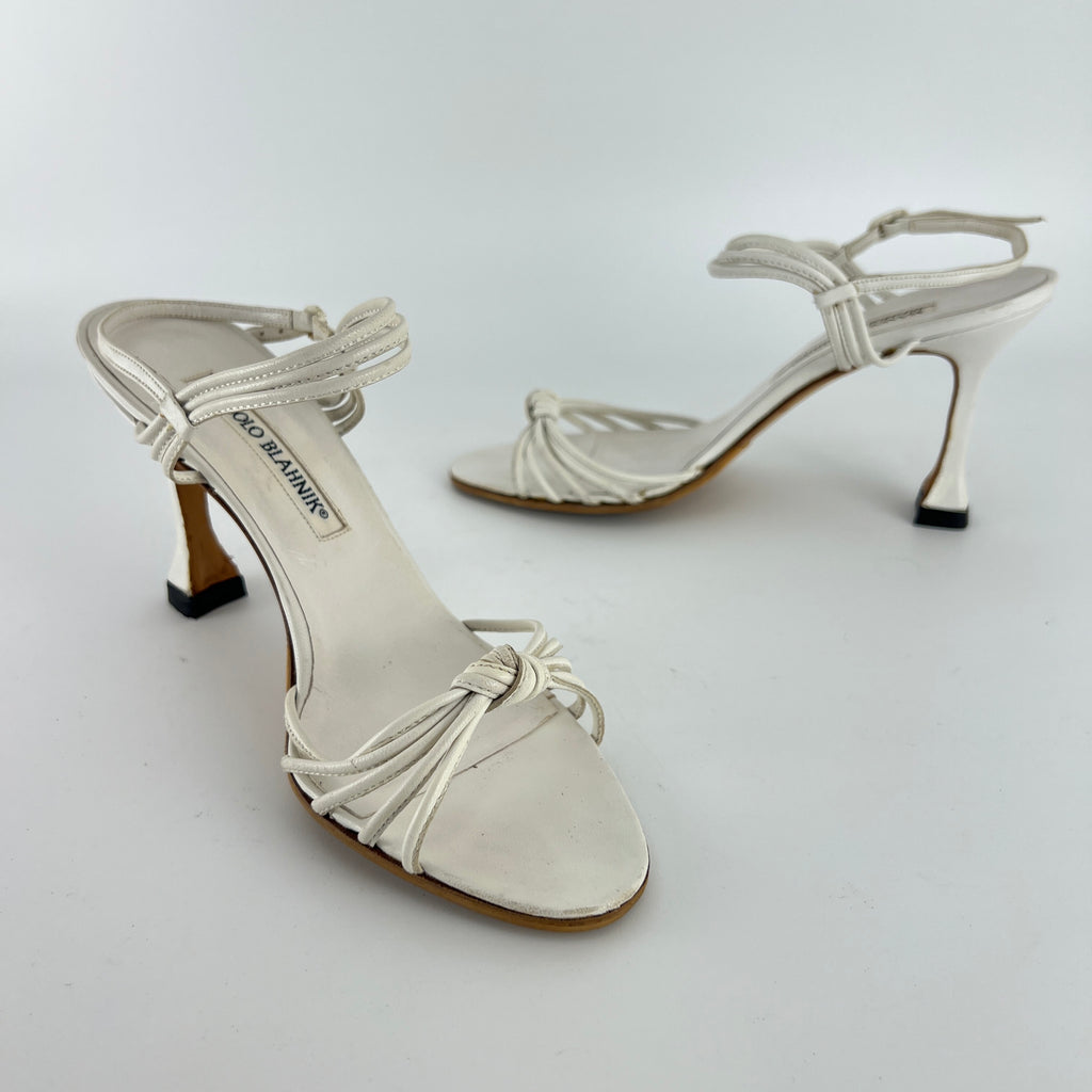 Manolo Blahnik | White Leather Strappy Knot Sandal Heels (36.5)