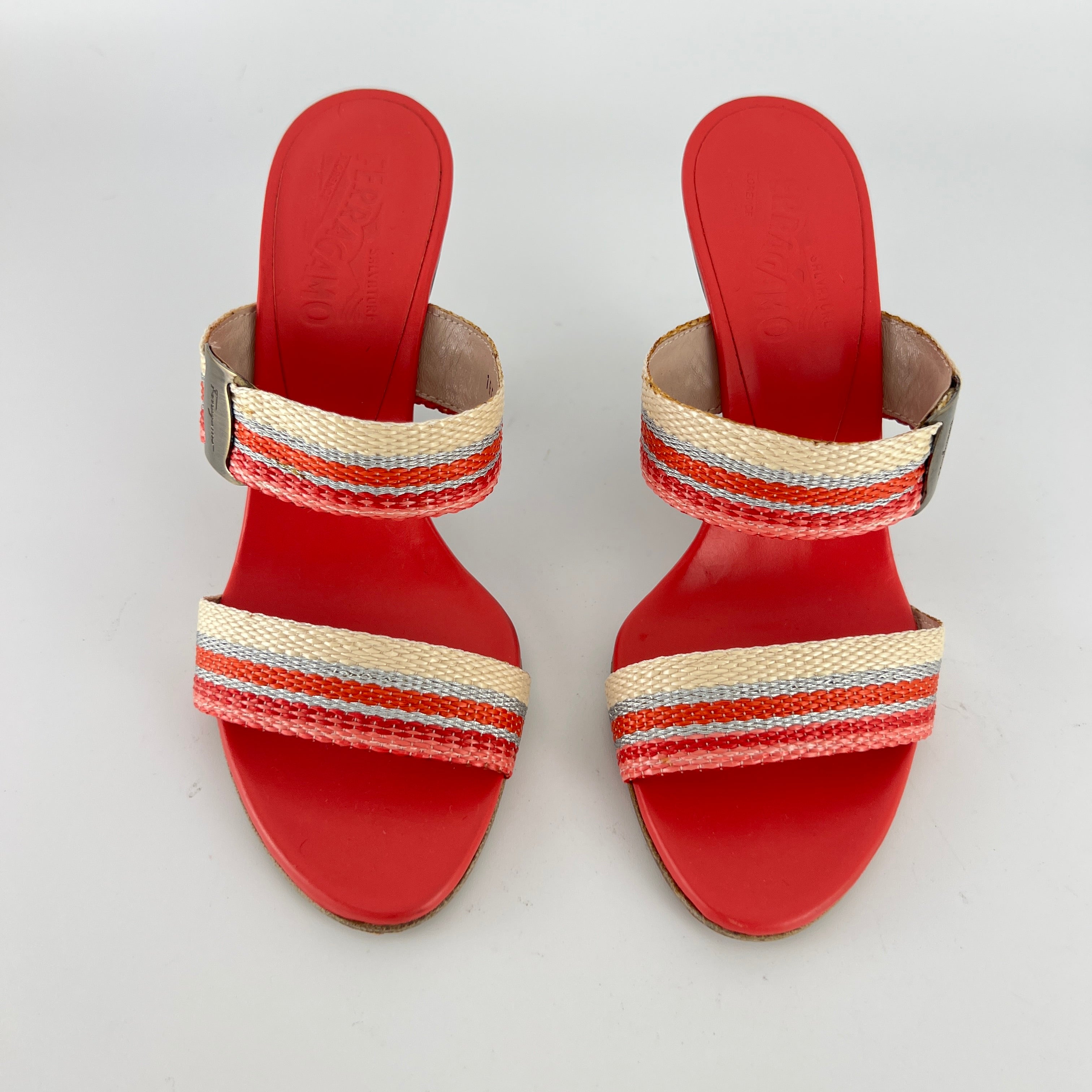 Ferragamo | Pink Stripe Silver Buckle Wedge Heels (6 , 36)