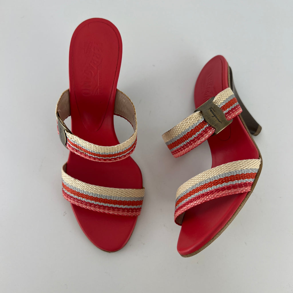 Ferragamo | Pink Stripe Silver Buckle Wedge Heels (6 , 36)
