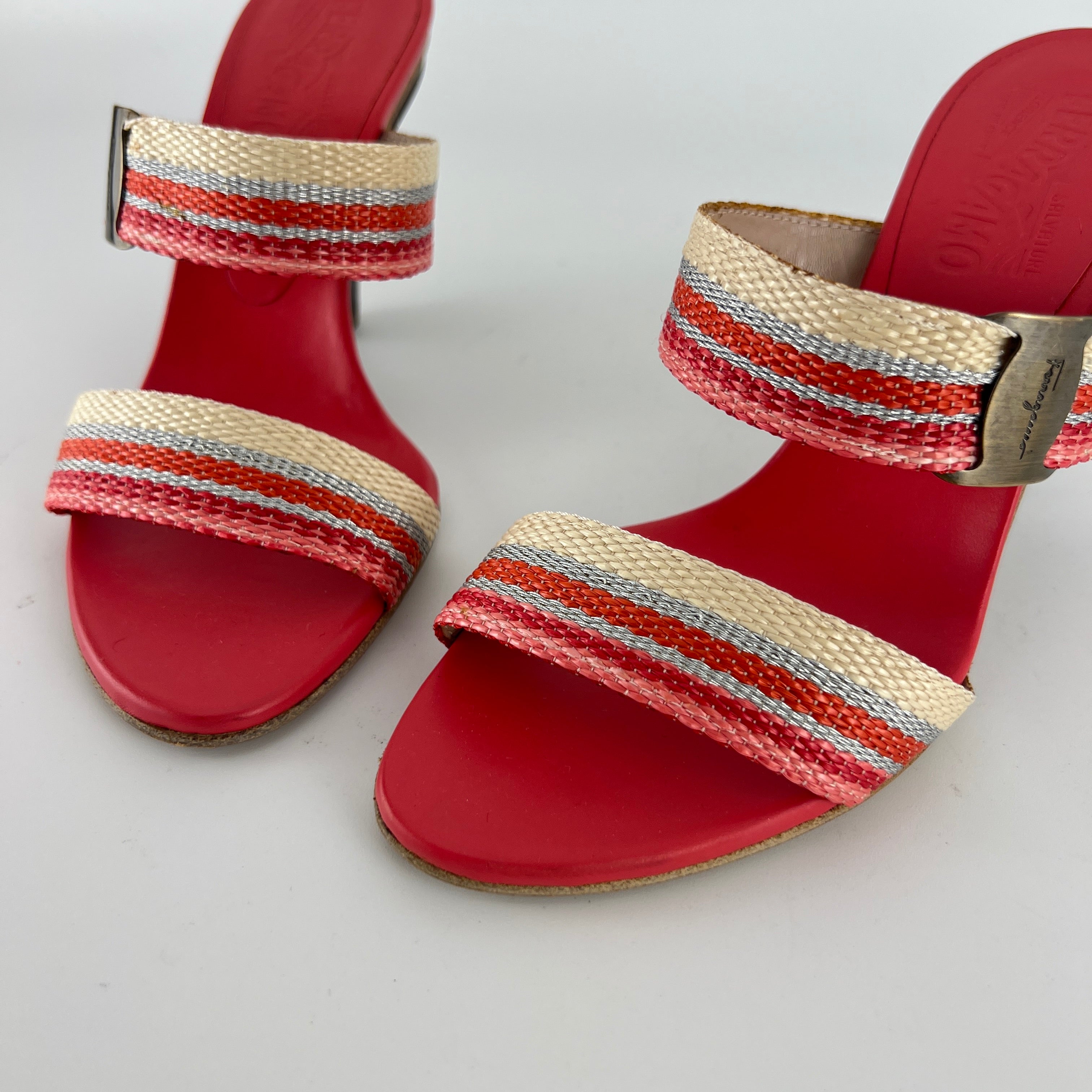 Ferragamo | Pink Stripe Silver Buckle Wedge Heels (6 , 36)