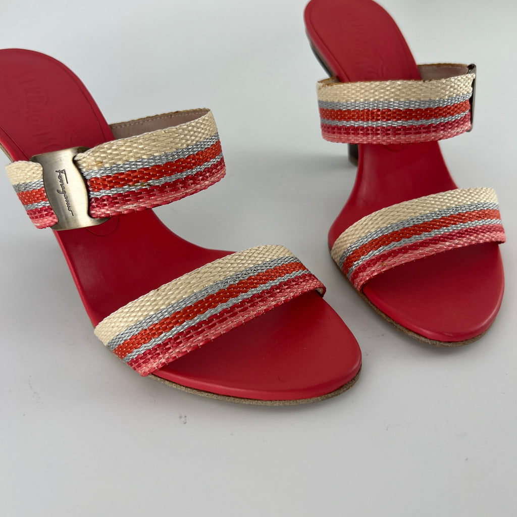 Ferragamo | Pink Stripe Silver Buckle Wedge Heels (6 , 36)