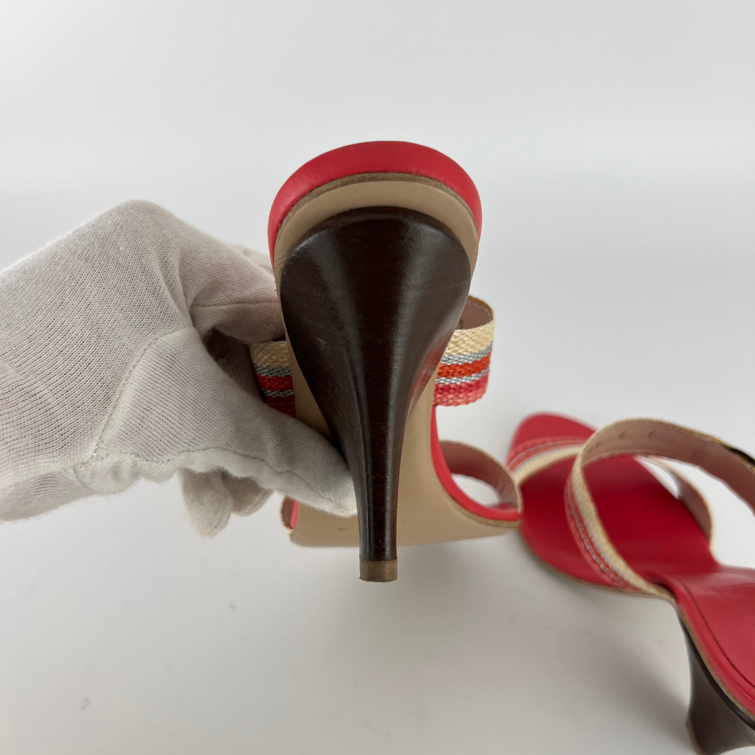 Ferragamo | Pink Stripe Silver Buckle Wedge Heels (6 , 36)