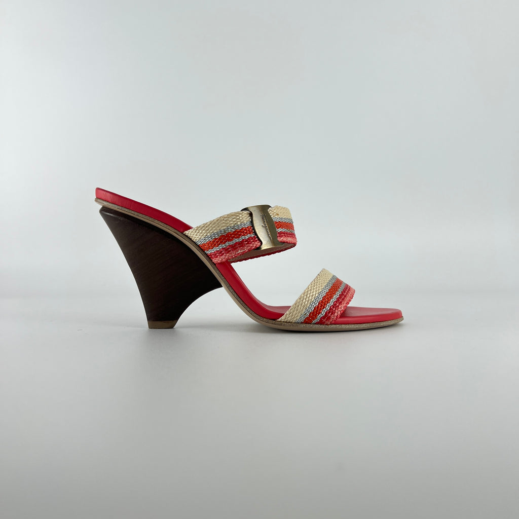 Ferragamo | Pink Stripe Silver Buckle Wedge Heels (6 , 36)
