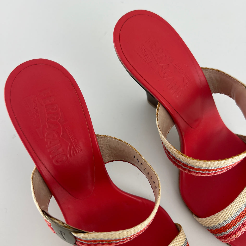 Ferragamo | Pink Stripe Silver Buckle Wedge Heels (6 , 36)